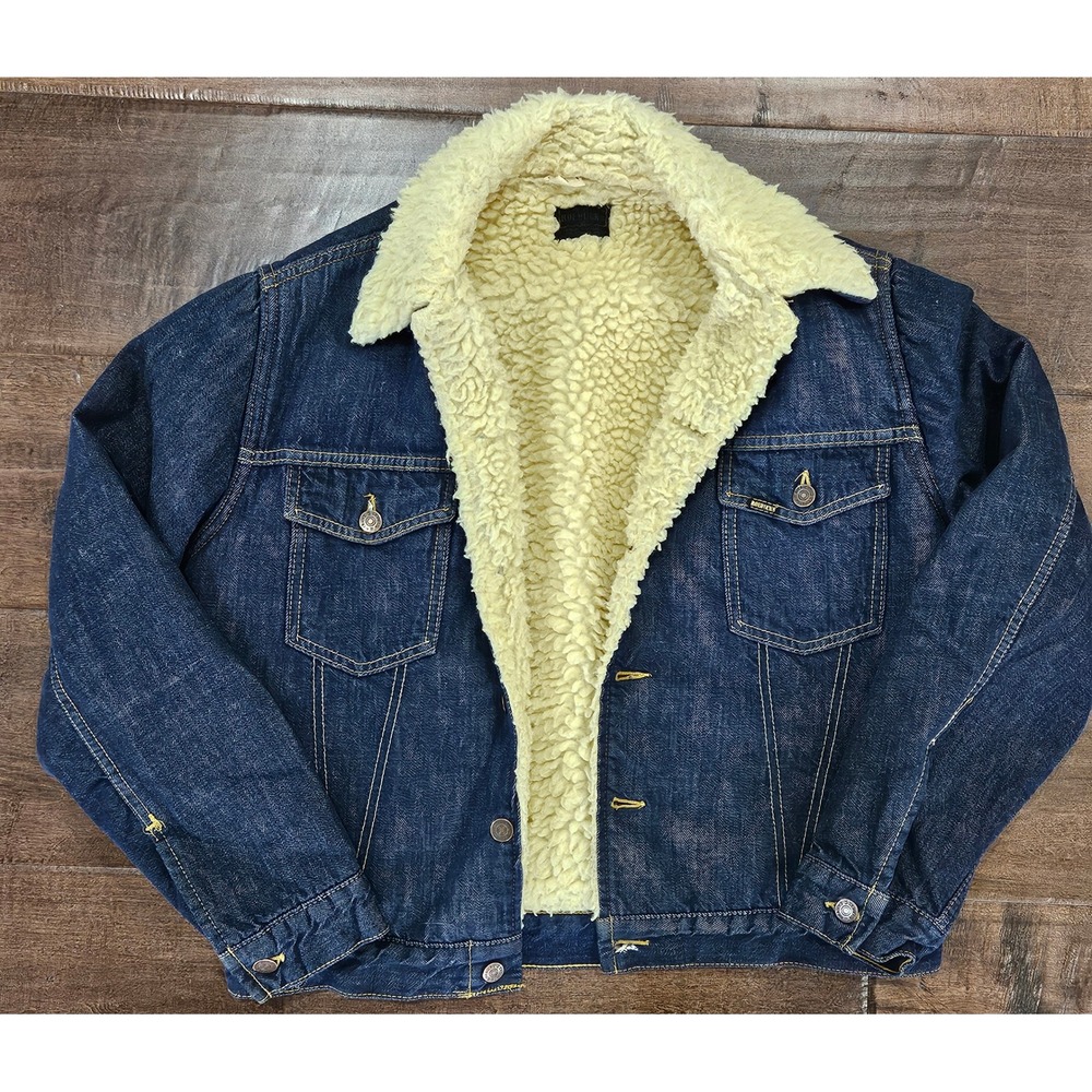 VTG Roebucks Sears Chore Western Sherpa Lined Denim Trucker Jacket Dark Wash 40R